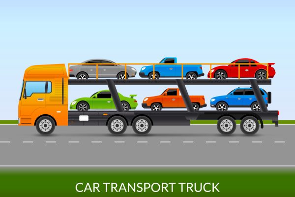 Car transport truck on the road with different types of cars flat vector illustration